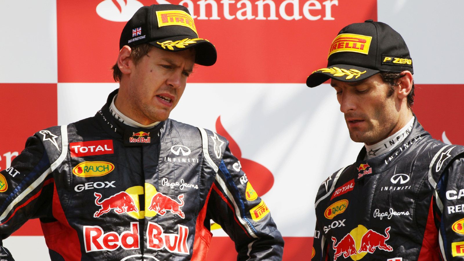 Red Bull's Mark Webber and Sebastian Vettel at the 2012 British Grand Prix. Silverstone, July 2012.
