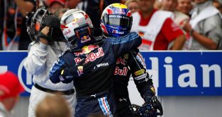 Red Bull's Mark Webber and Sebastian Vettel at the 2009 German Grand Prix. Nurburgring, July 2009.
