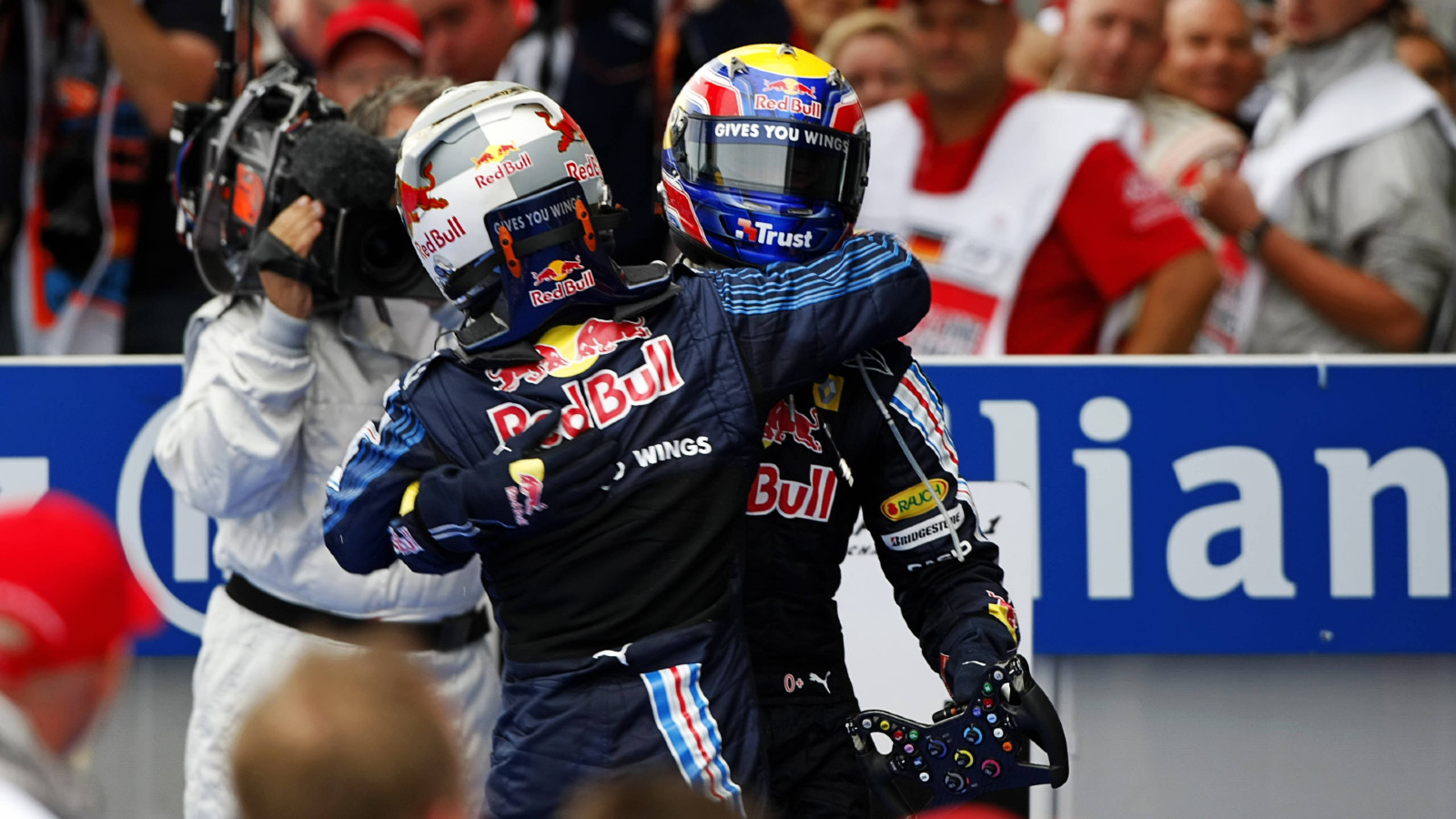 Red Bull drivers Mark Webber and Sebastian Vettel at the 2009 German Grand Prix. Nurburgring, July 2009.