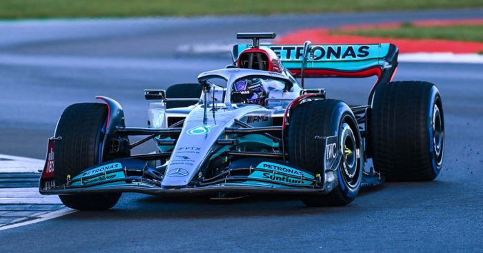 Mercedes W13 shakedown with Lewis Hamilton. Silverstone February 2022.