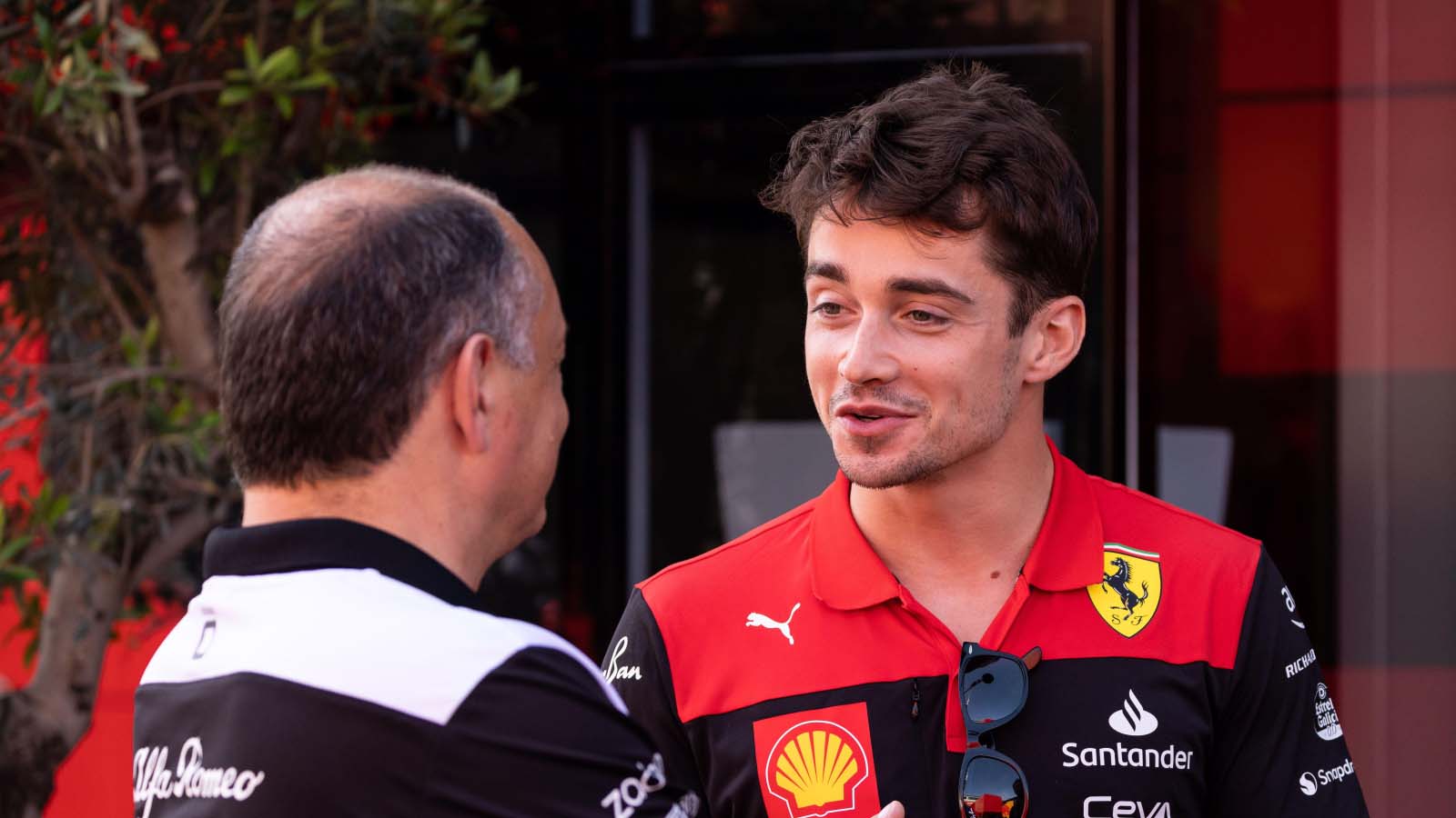 Charles Leclerc, Ferrari, with Frederic Vasseur. Spain May 2022.