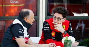 Ferrari team principal Mattia Binotto and Frederic Vasseur in discussion. April 2022