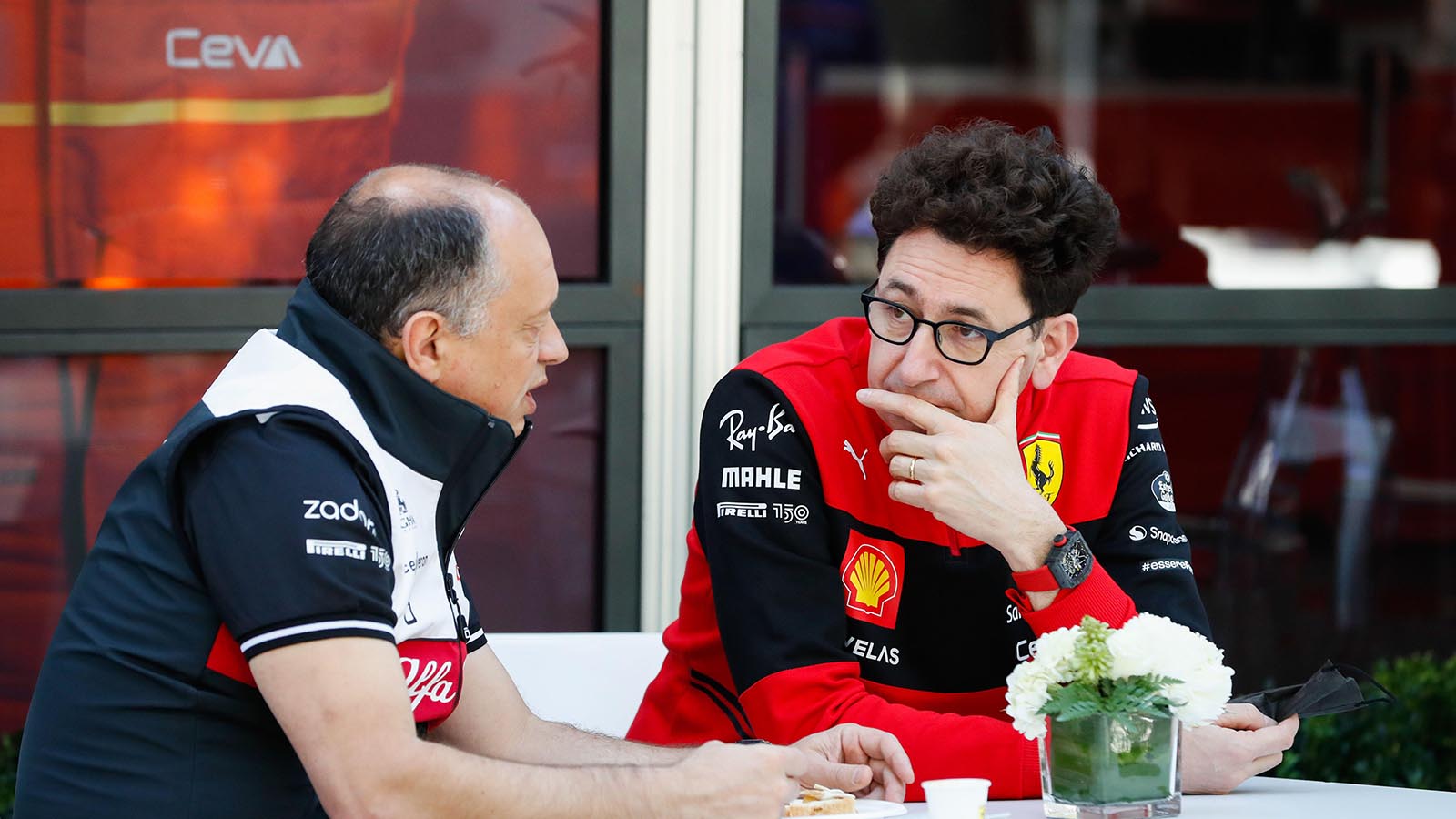 Ferrari team principal Mattia Binotto and Frederic Vasseur in discussion. April 2022