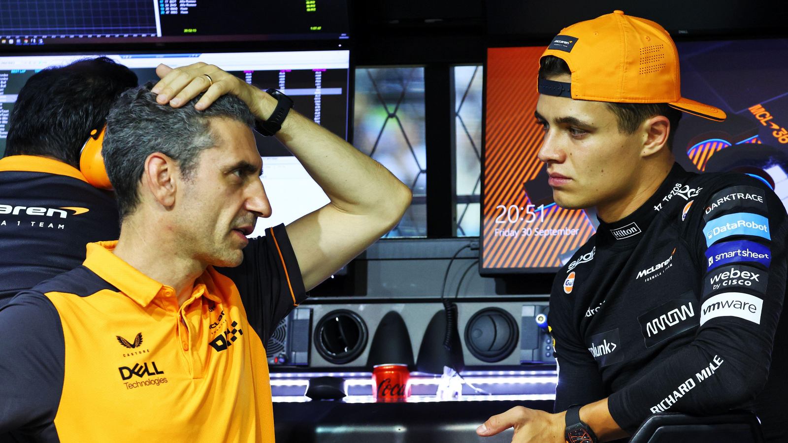 McLaren racing director Andrea Stella and Lando Norris. Singapore, September 2022.
