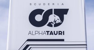 The AlphaTauri logo. Barcelona, Spain, February 2022.