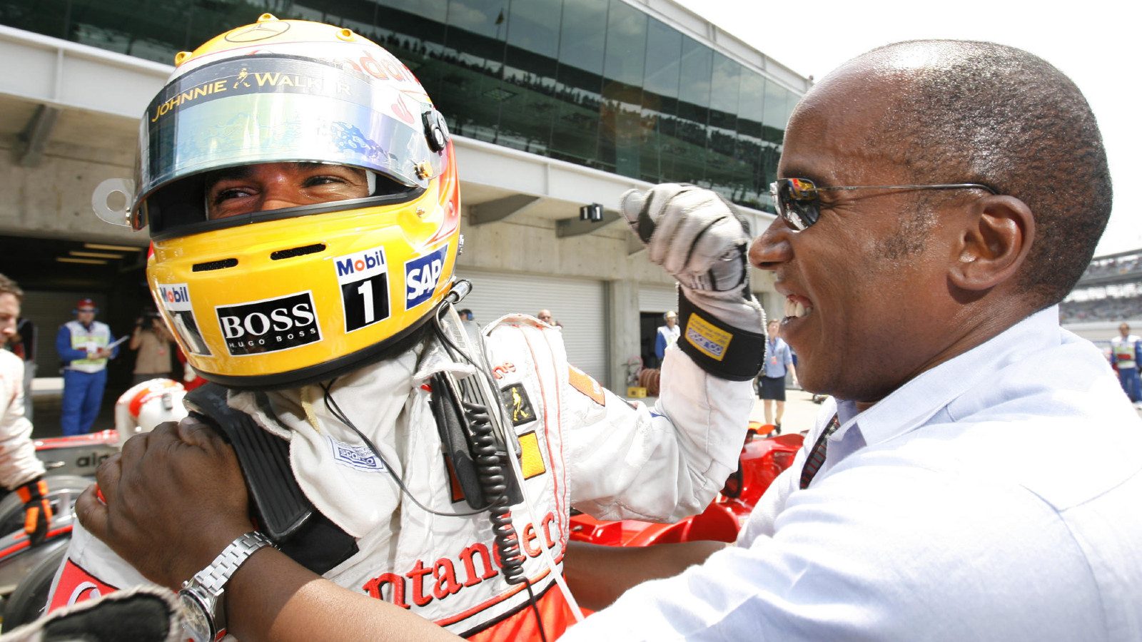 Lewis Hamilton with father Anthony in 2008. Silverstone, July 2008.