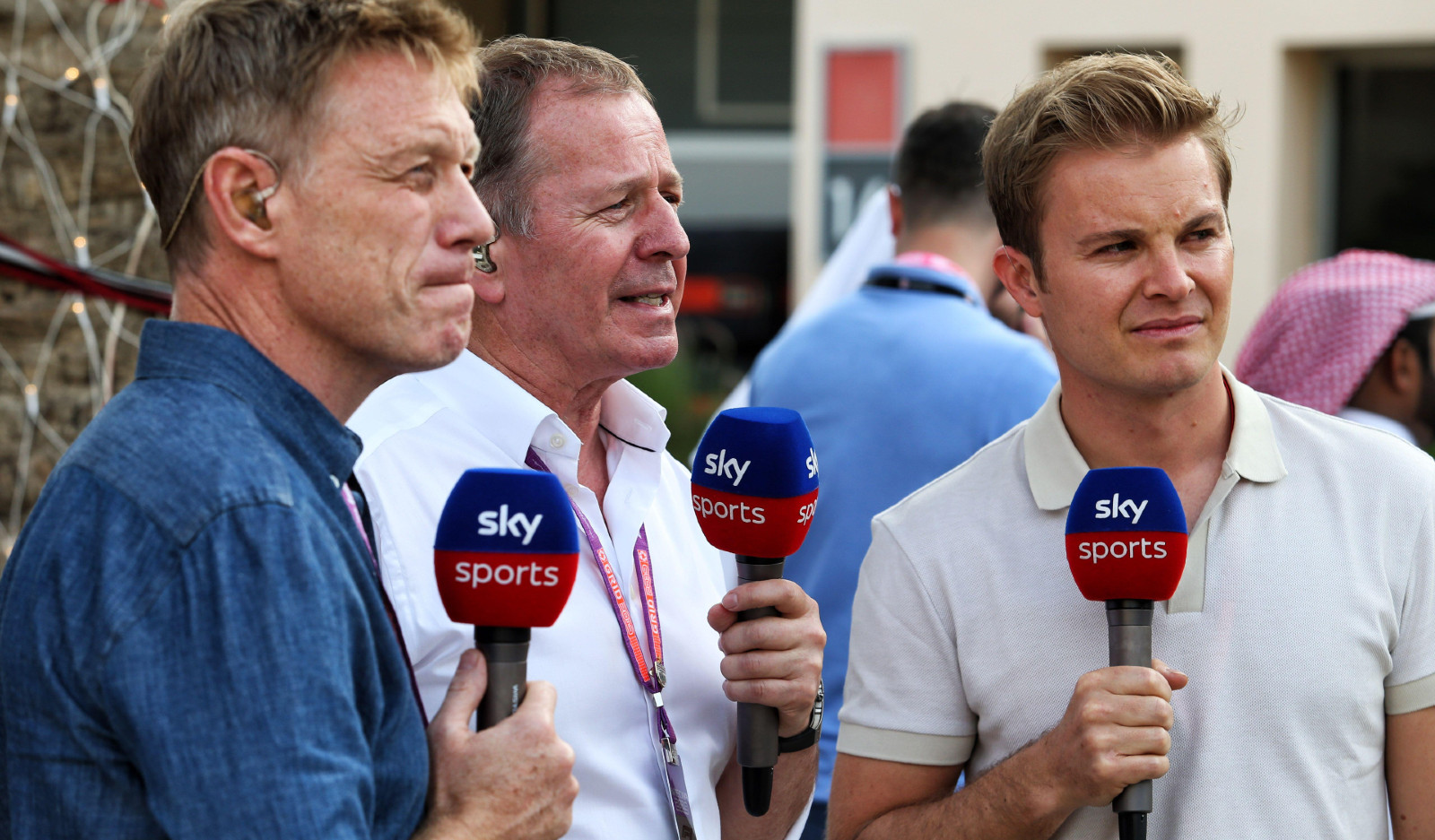 Sky Sports F1's Simon Lazenby, Nico Rosberg, and Martin Brundle. Sky F1