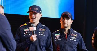 Max Verstappen and Sergio Perez. Red Bull RB19 launch New York February 2023.