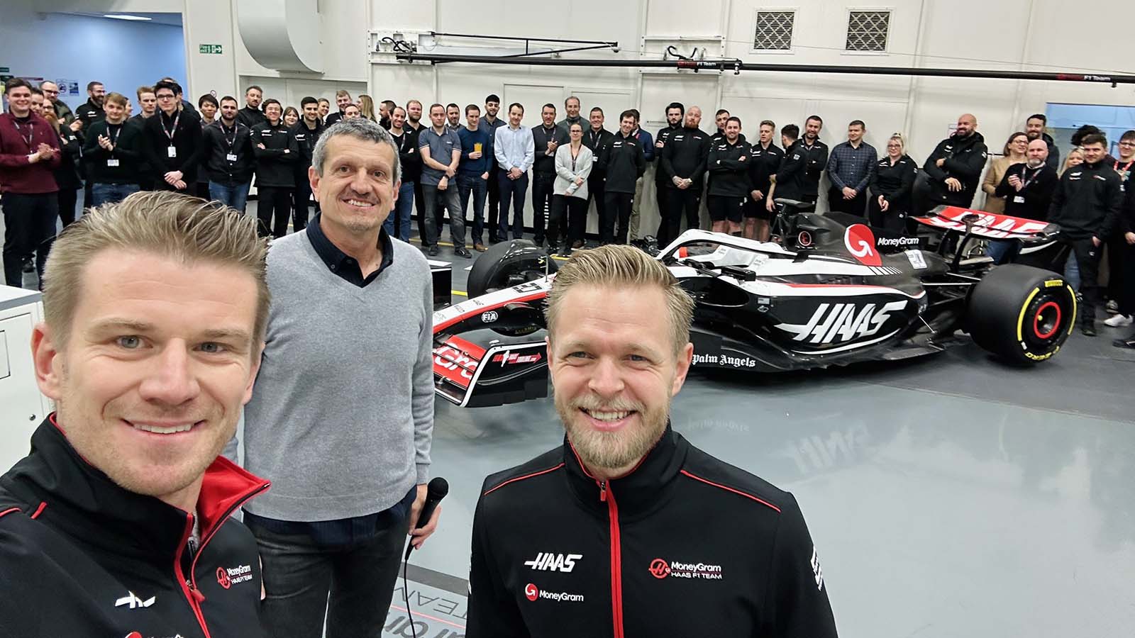 Nico Hulkenberg and Kevin Magnussen pose with Haas VF23. February 2023