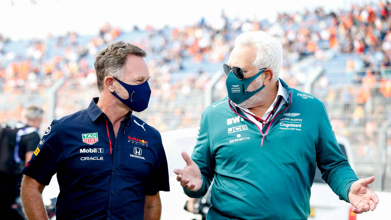 Christian Horner, Red Bull, talks to Lawrence Stroll, Aston Martin. Netherlands, September 2021.