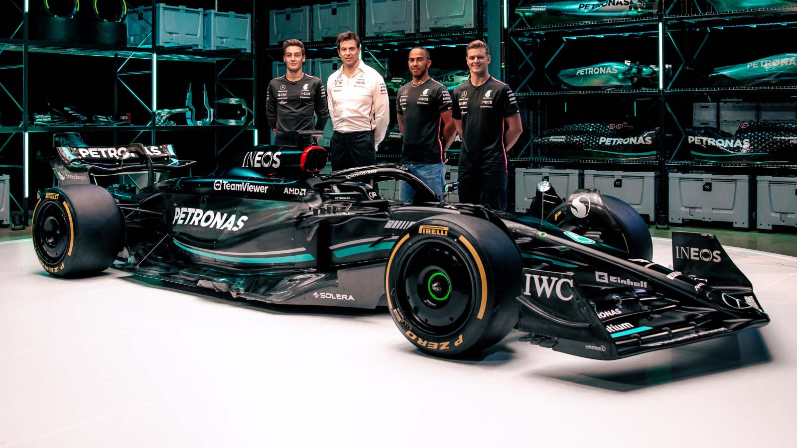 George Russell, Toto Wolff, Lewis Hamilton and Mick Schumacher launch the Mercedes W14. February 2023.