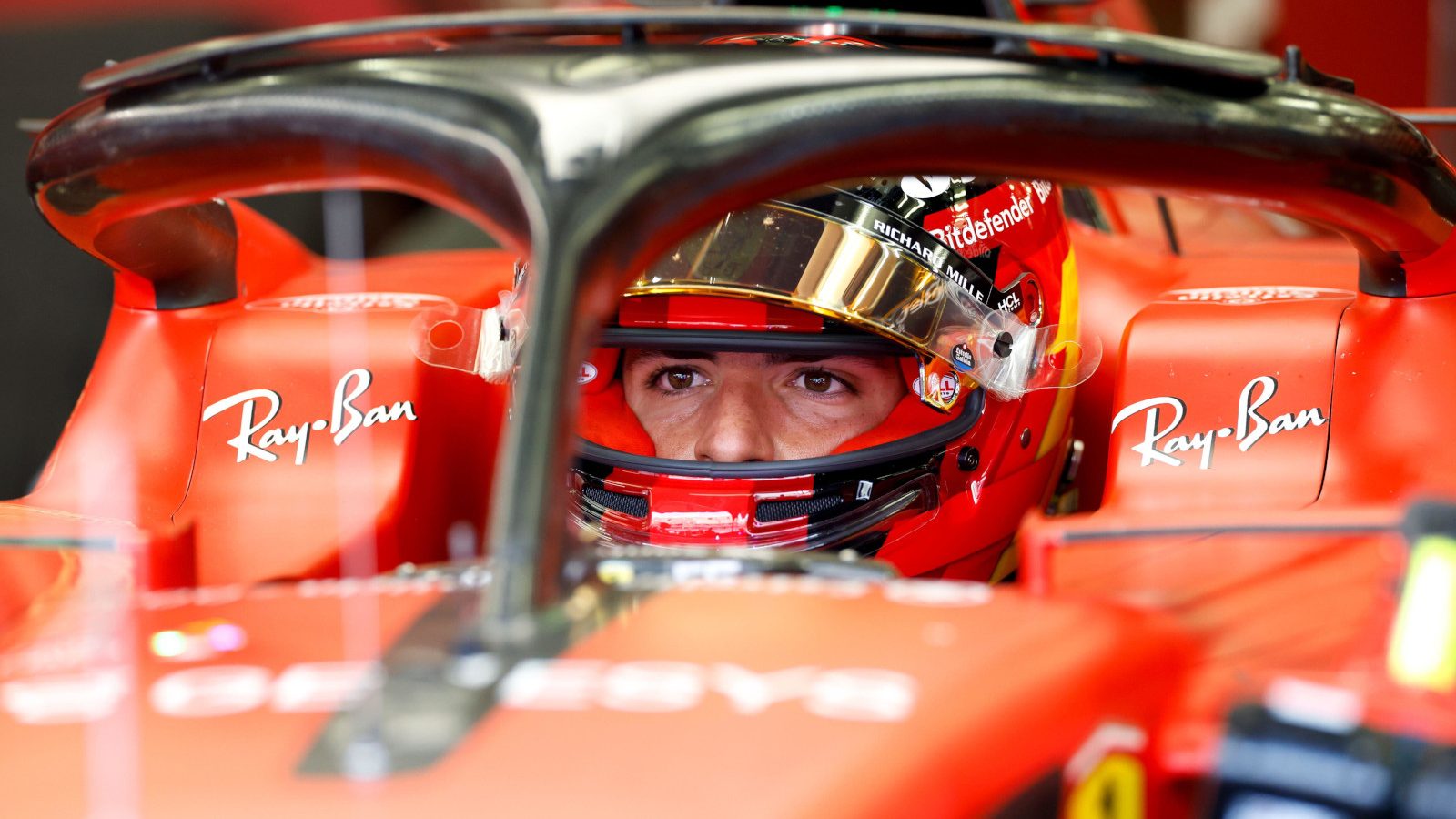 Carlos Sainz sitting in the Ferrari SF-23. Bahrain February 2023