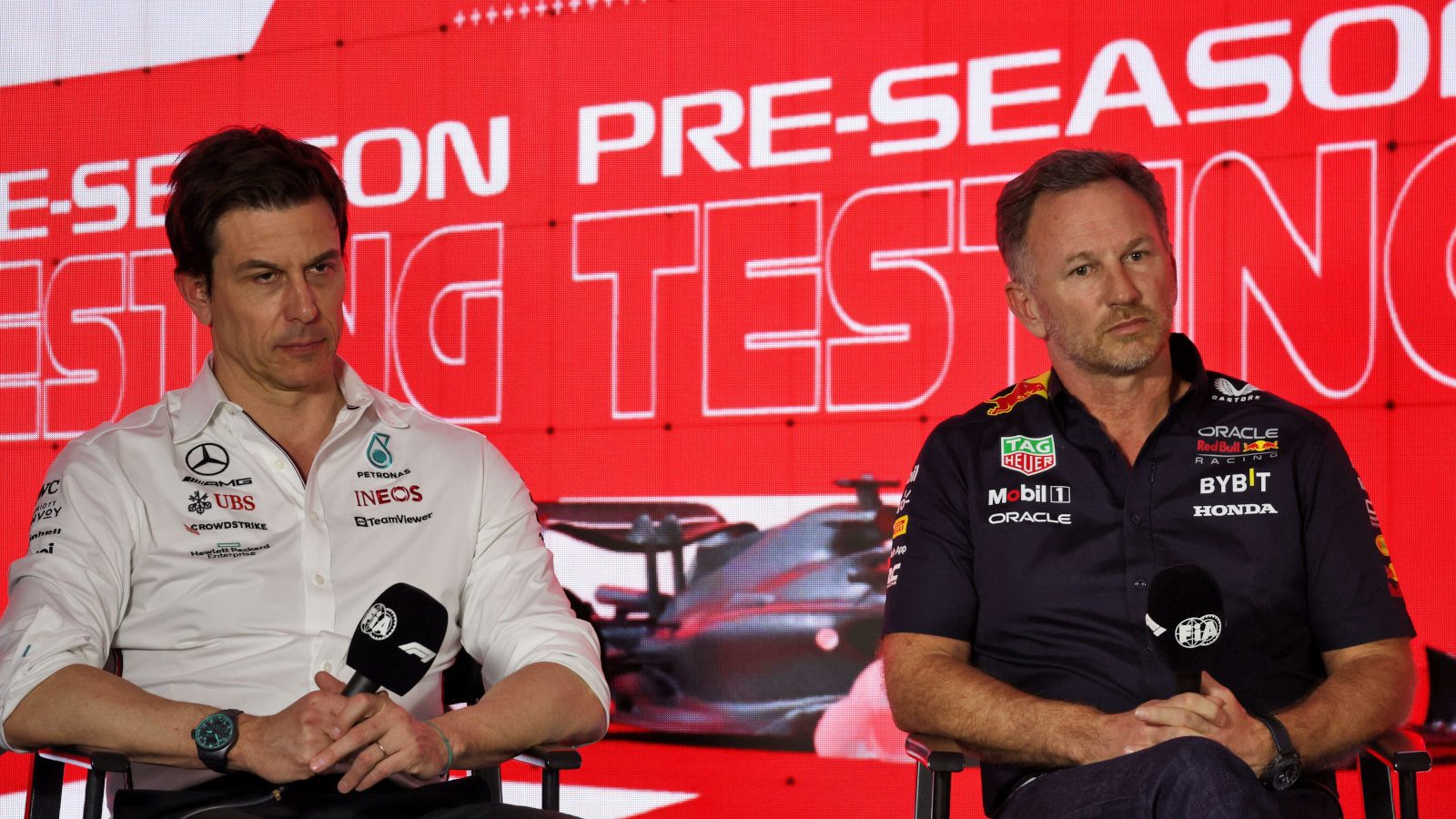 Toto Wolff and Christian Horner looking glum in the pre-season press conference. Bahrain F1 February 2023