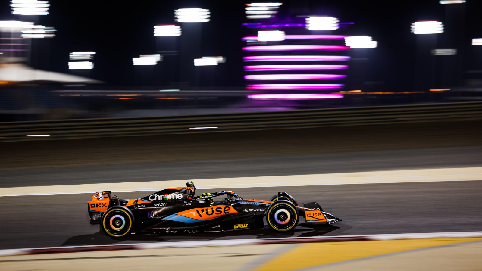 McLaren's Lando Norris on track at Bahrain testing. Sakhir, February 2023.