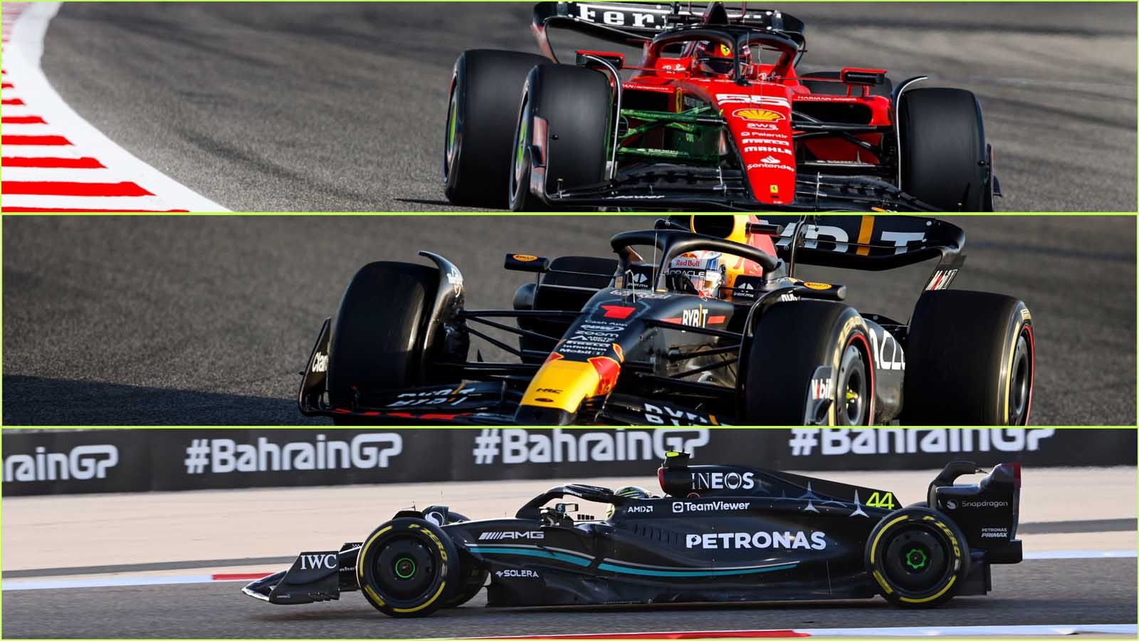 Ferrari, Red Bull, Mercedes split. Bahrain February 2023 F1 fans.