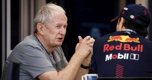 Helmut Marko talks to Sergio Perez. Bahrain February 2023.