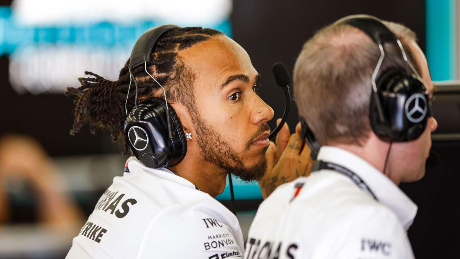Lewis Hamilton in the Mercedes garage. Bahrain testing February 2023.