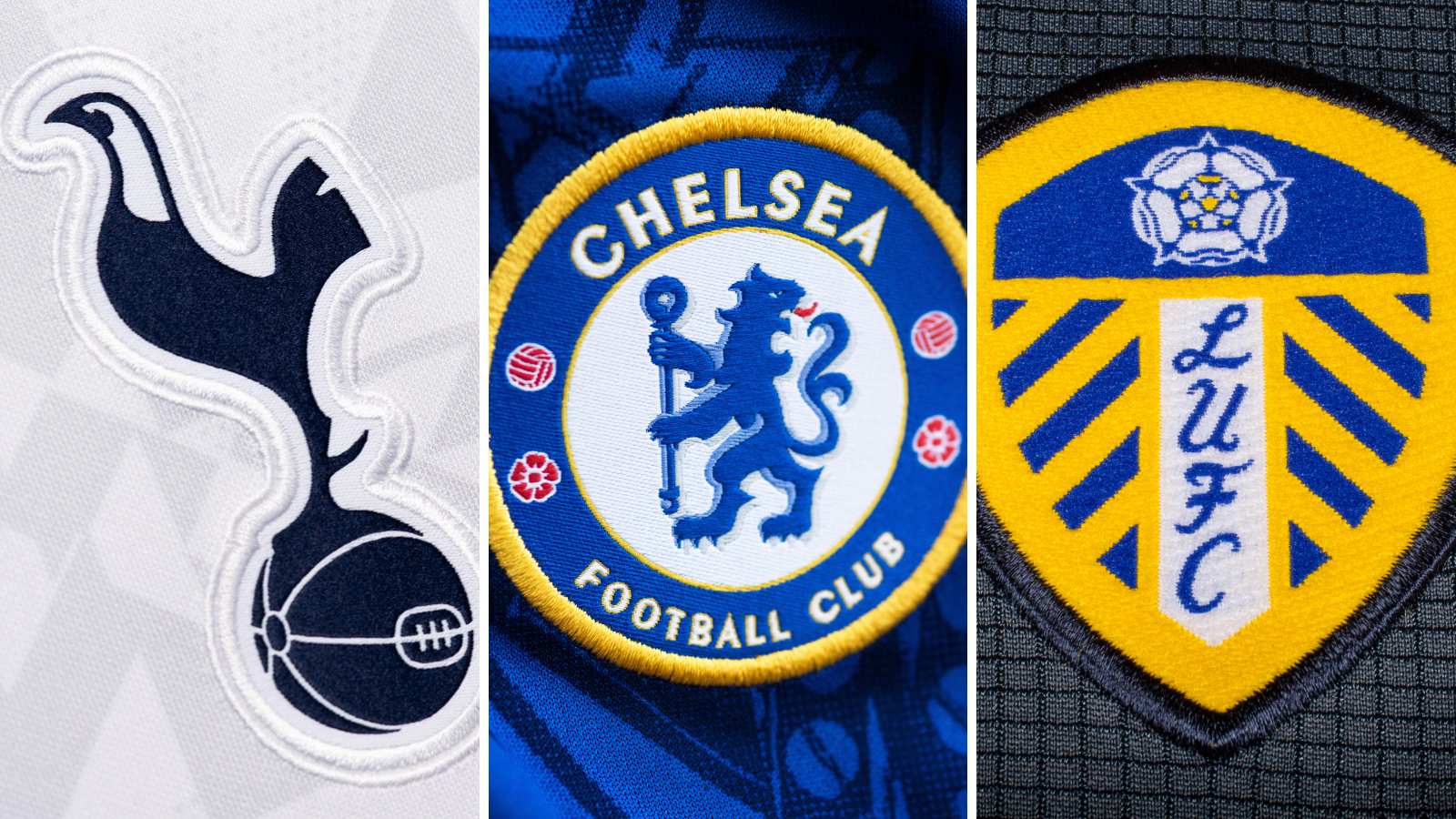 The badges of Spurs, Chelsea and Leeds.