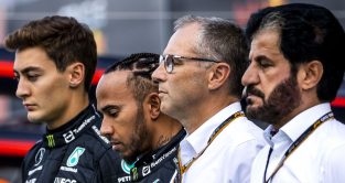 George Russell (Mercedes), Lewis Hamilton (Mercedes), Stefano Domenicali (F1) and Mohammed Ben Sulayem. Monza, September 2022.