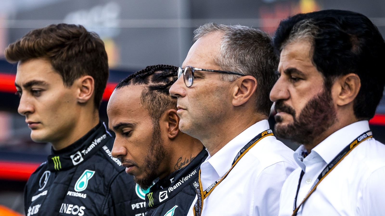 George Russell (Mercedes), Lewis Hamilton (Mercedes), Stefano Domenicali (F1) and Mohammed Ben Sulayem. Monza, September 2022.