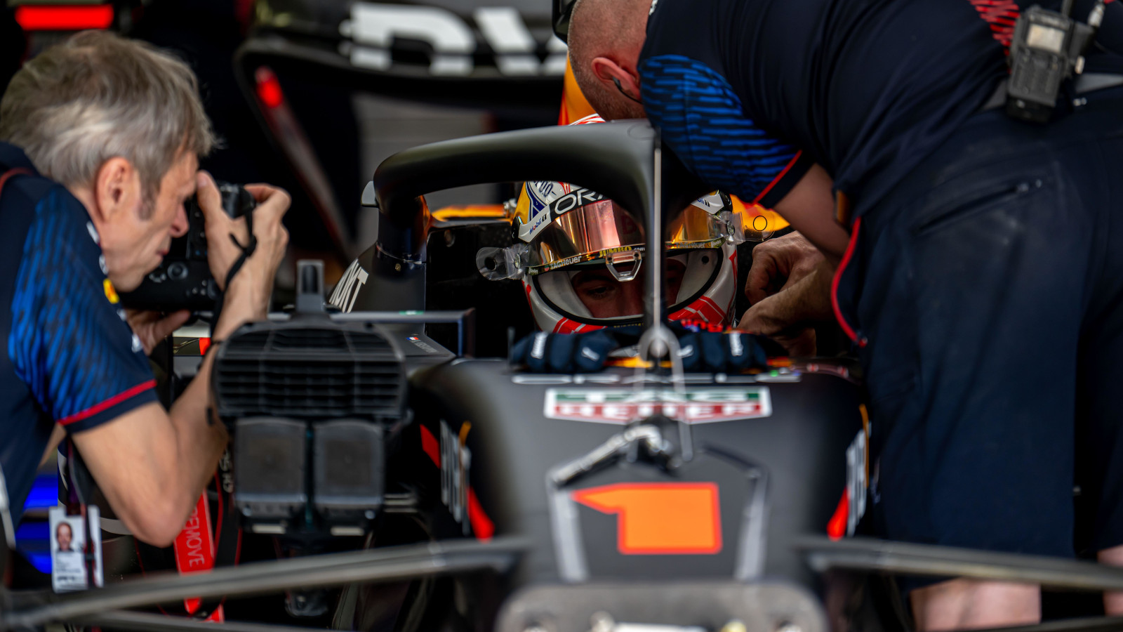 Max Verstappen with the number 1 showing, photographer up close. Bahrain March 2023