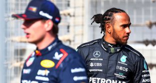 Max Verstappen and Lewis Hamilton at the pre-season photo call. Bahrain February 2023