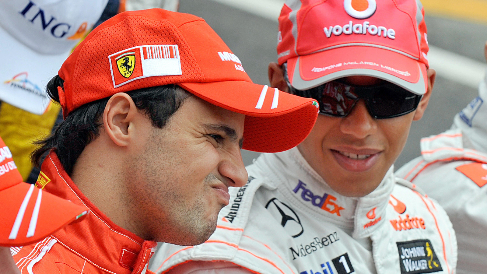 Felipe Massa and Lewis Hamilton at the pre race photo call for the 2008 finale. Brazil November 2008