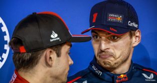 Max Verstappen, Red Bull, pulls a funny expression with Charles Leclerc. Bahrain, March 2023.
