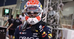 Max Verstappen with a fist in celebration. Bahrain March 2023