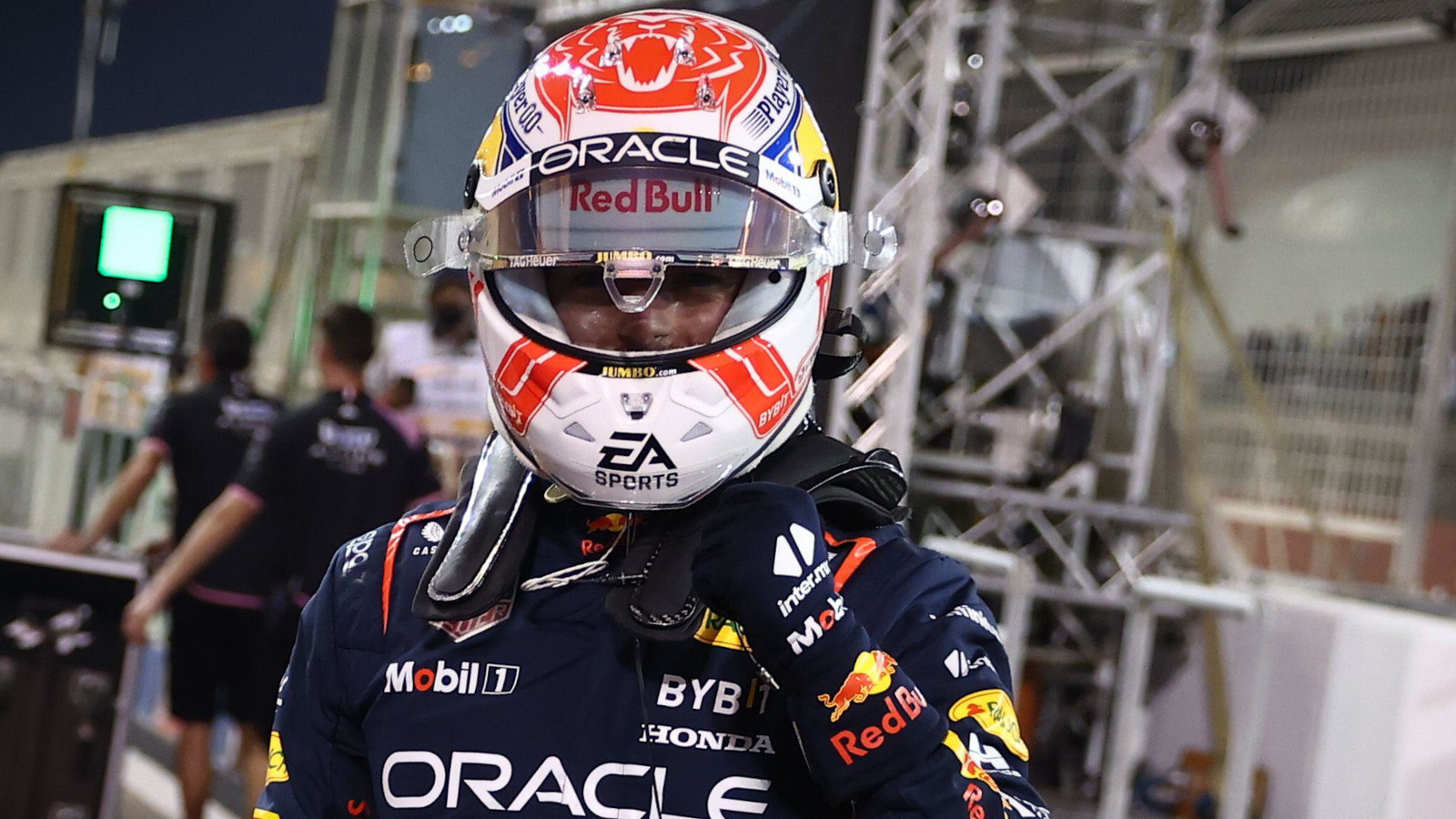 Max Verstappen with a fist in celebration. Bahrain March 2023