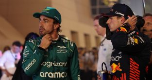 Fernando Alonso and race winner Max Verstappen in parc ferme. Bahrain March 2023