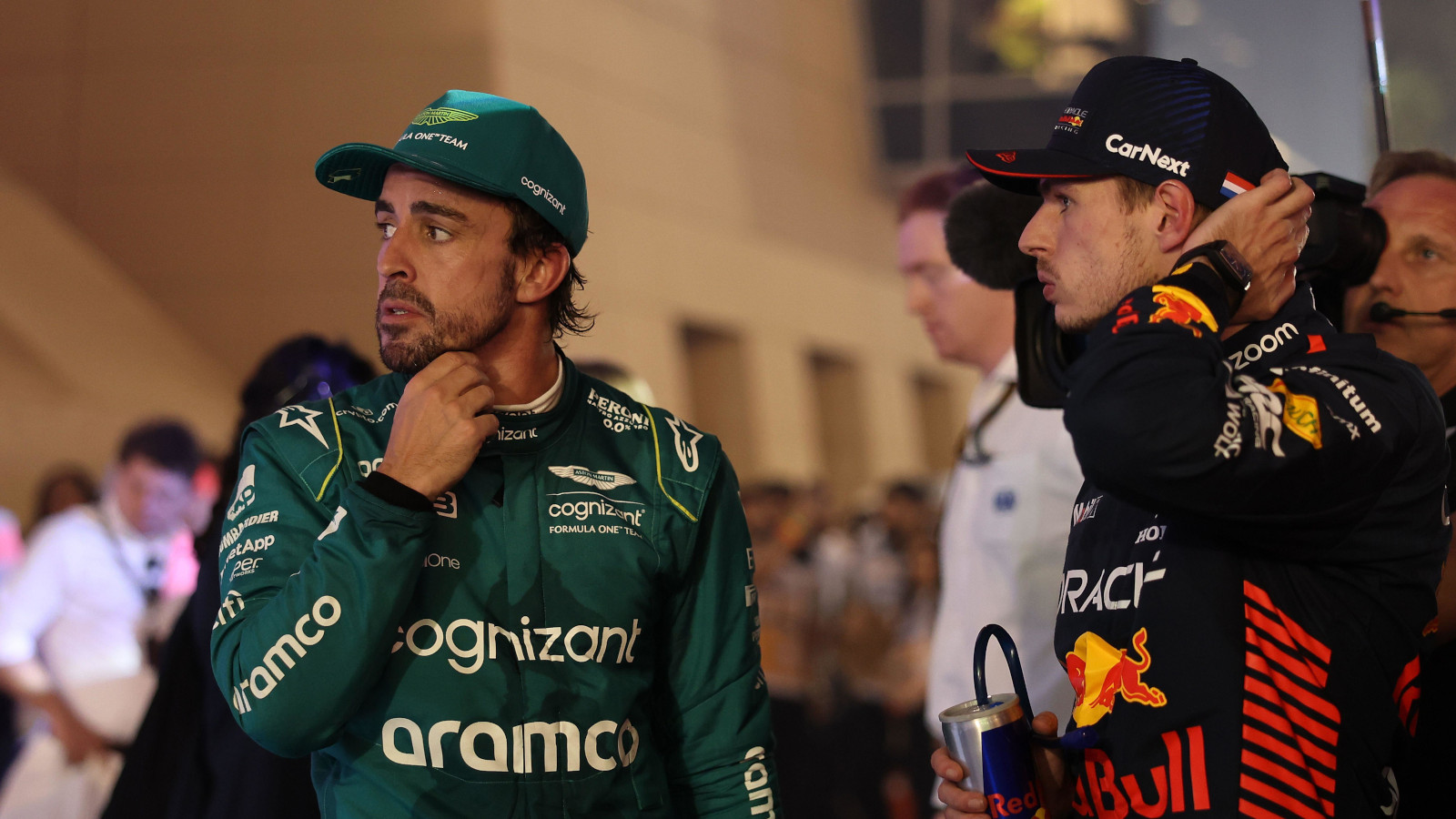 Fernando Alonso and race winner Max Verstappen in parc ferme. Bahrain March 2023