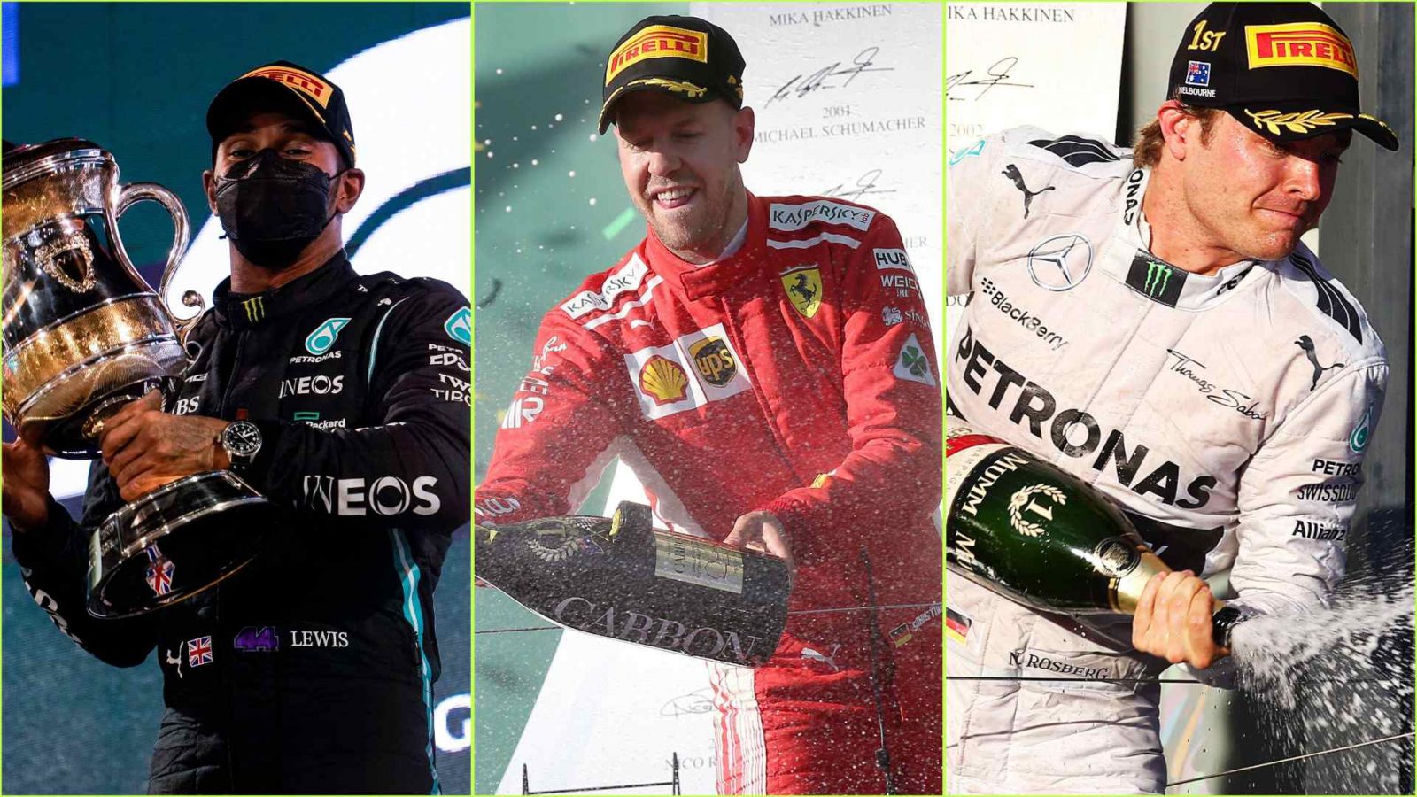 Lewis Hamilton, Sebastian Vettel and Nico Rosberg celebrating.