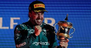 Fernando Alonso celebrates on the podium. Bahrain March F1 2023.