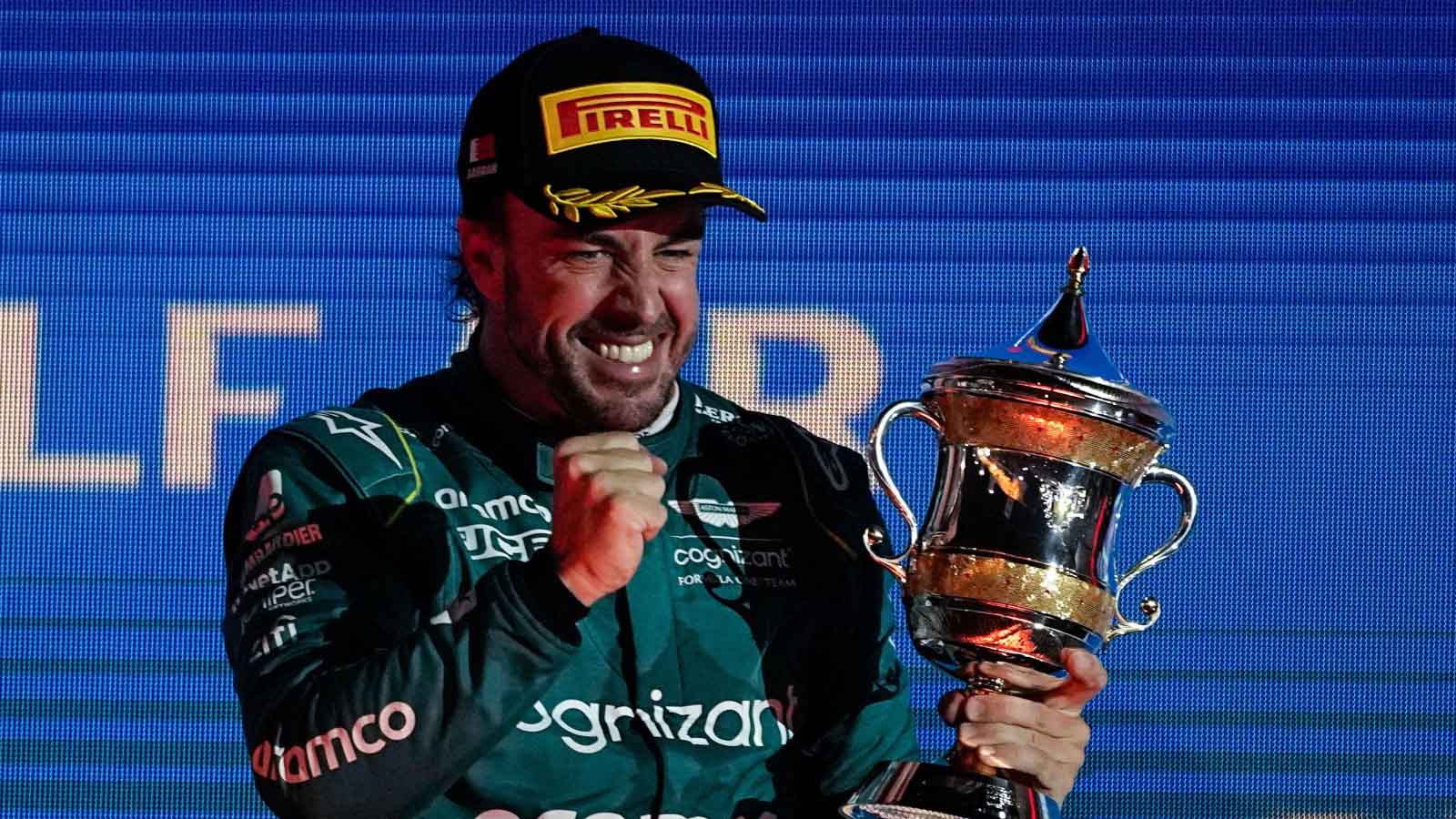 Fernando Alonso celebrates on the podium. Bahrain March F1 2023.