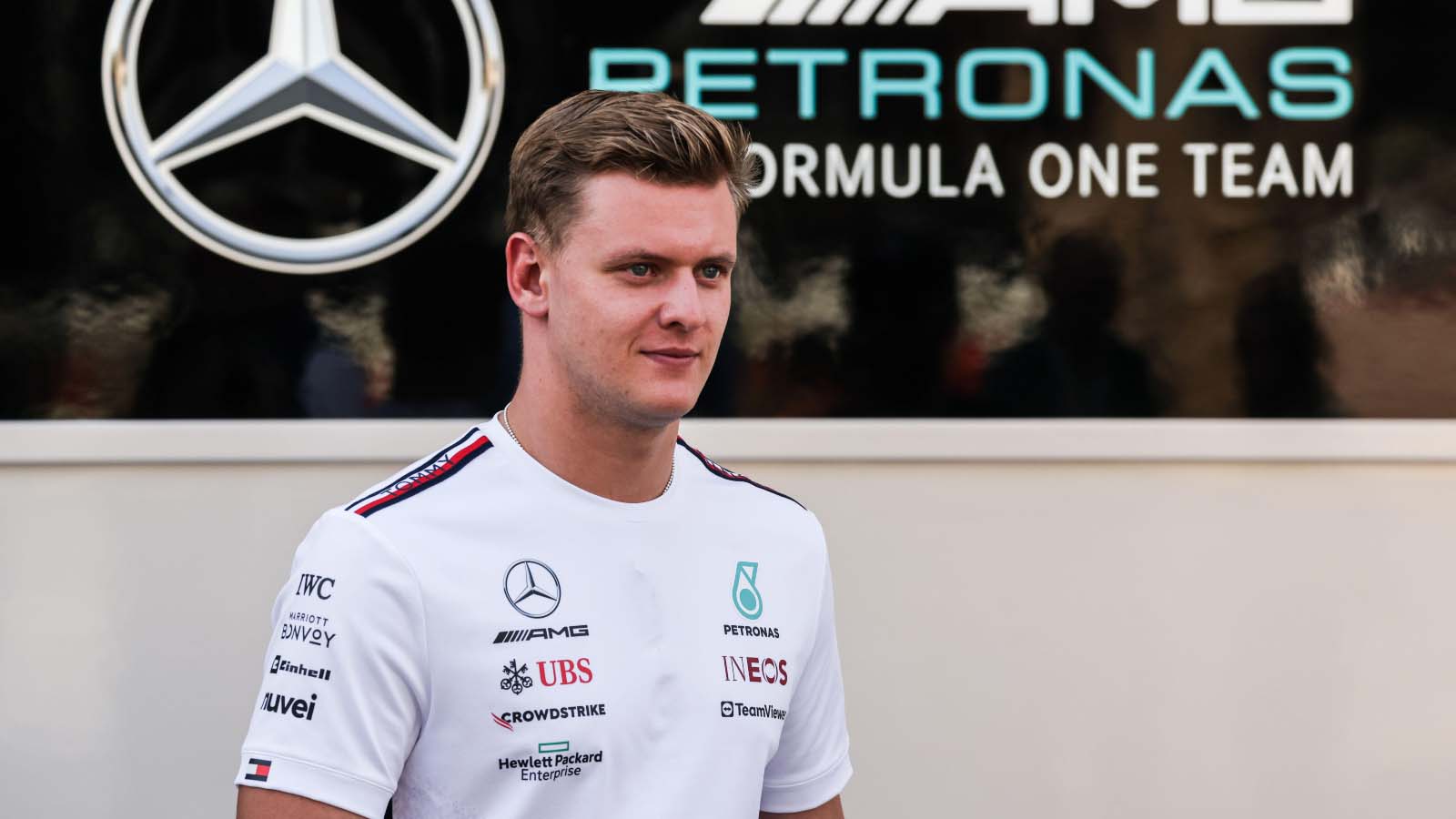 Mick Schumacher, Mercedes, in the paddock. Bahrain March 2023.