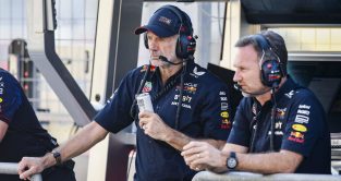 Adrian Newey and Christian Horner in front of the Red Bull gantry. Bahrain March 2023