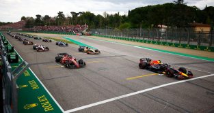 Red Bull's Max Verstappen leads away the 2022 Emilia Romagna Grand Prix. Imola, April 2022. Qualifying