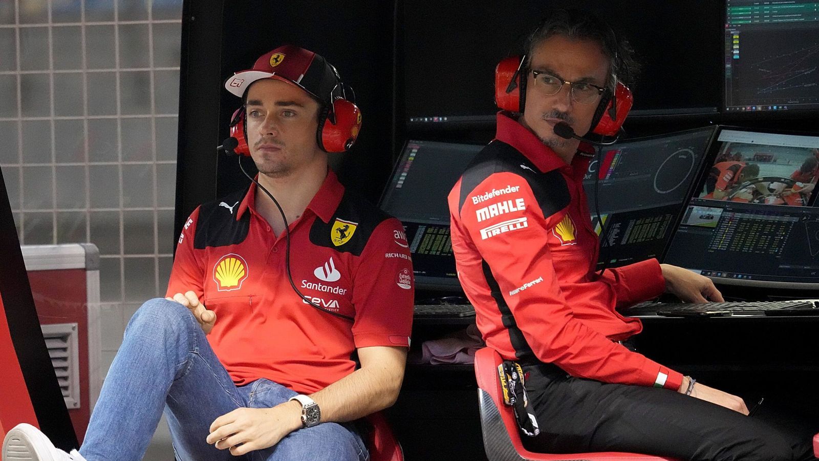 Charles Leclerc and Laurent Mekies on Ferrari pit wall. Bahrain, February 2023.