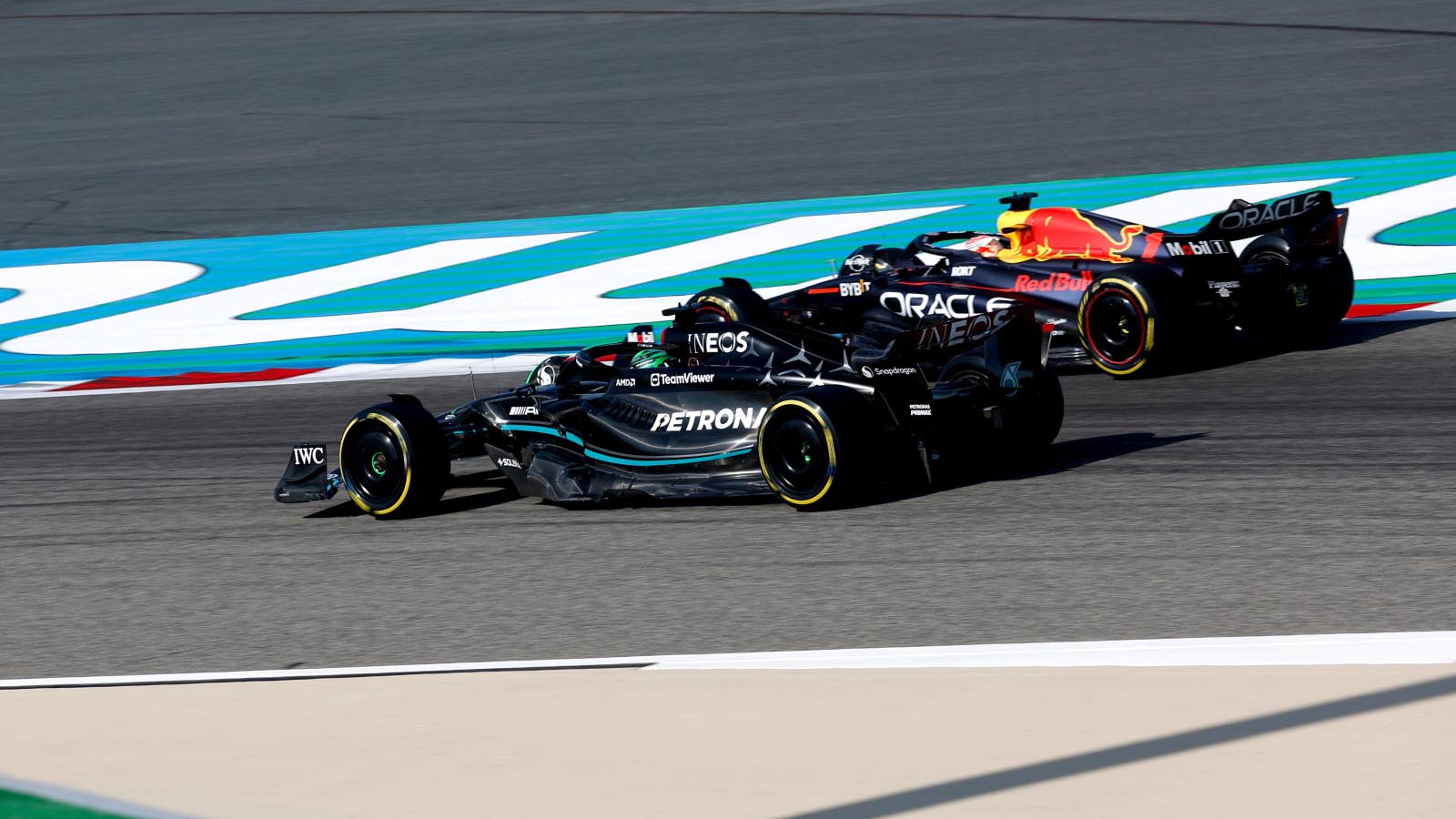 George Russell, Mercedes, alongside Max Verstappen, Red Bull. Bahrain March 2023.