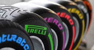 Pirelli F1 tyres lined up. 2018.