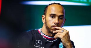 Lewis Hamilton sits in the press conference. Jeddah March 2023.