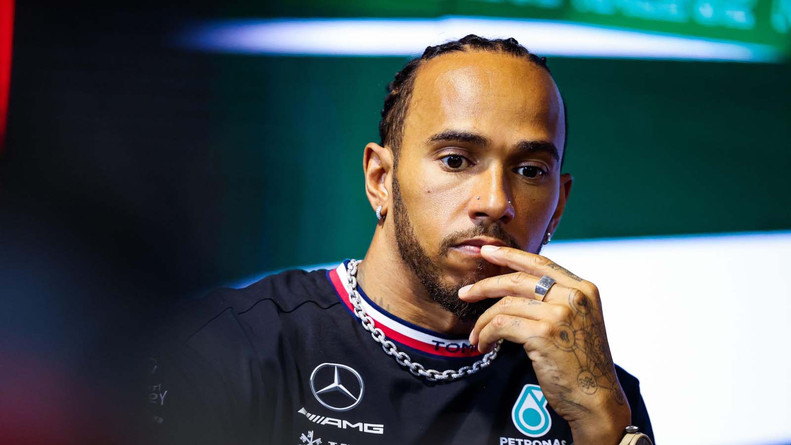 Lewis Hamilton sits in the press conference. Jeddah March 2023.