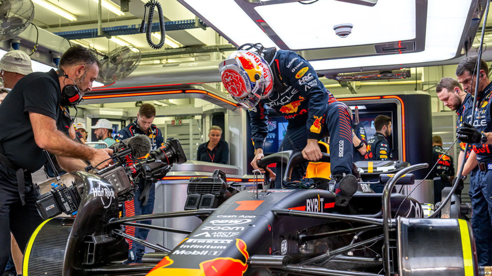 Red Bull driver Max Verstappen is filmed climbing into his RB19. Bahrain March 2023