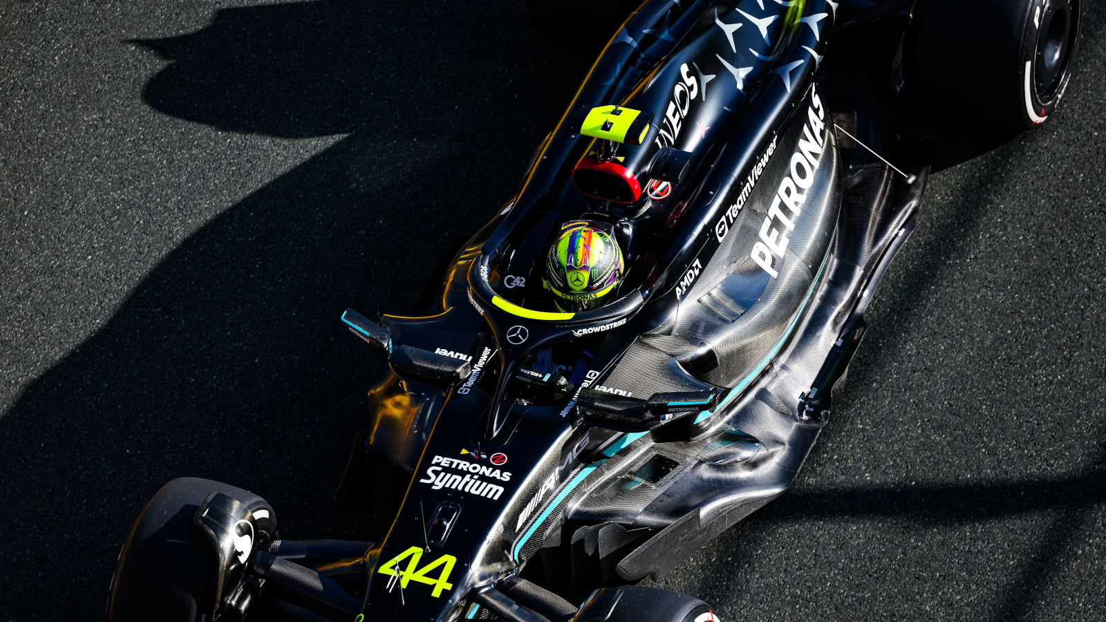 Lewis Hamilton aerial 44 Mercedes W14 sidepods. Saudi Arabia March 2023