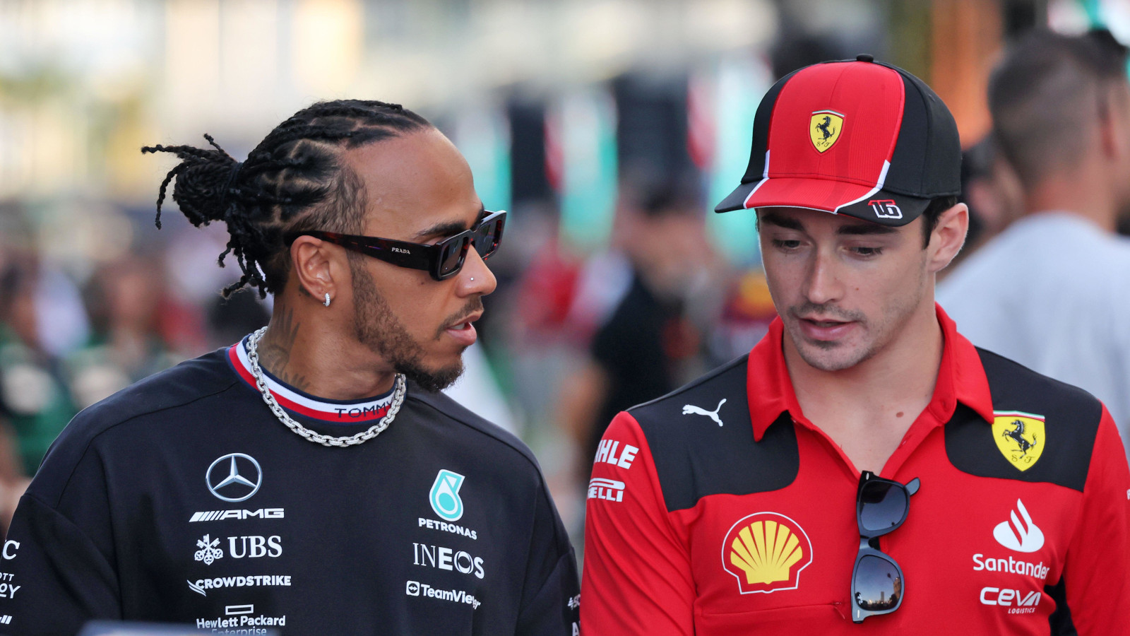 Lewis Hamilton speaking with Charles Leclerc. Saudi Arabia March 2023