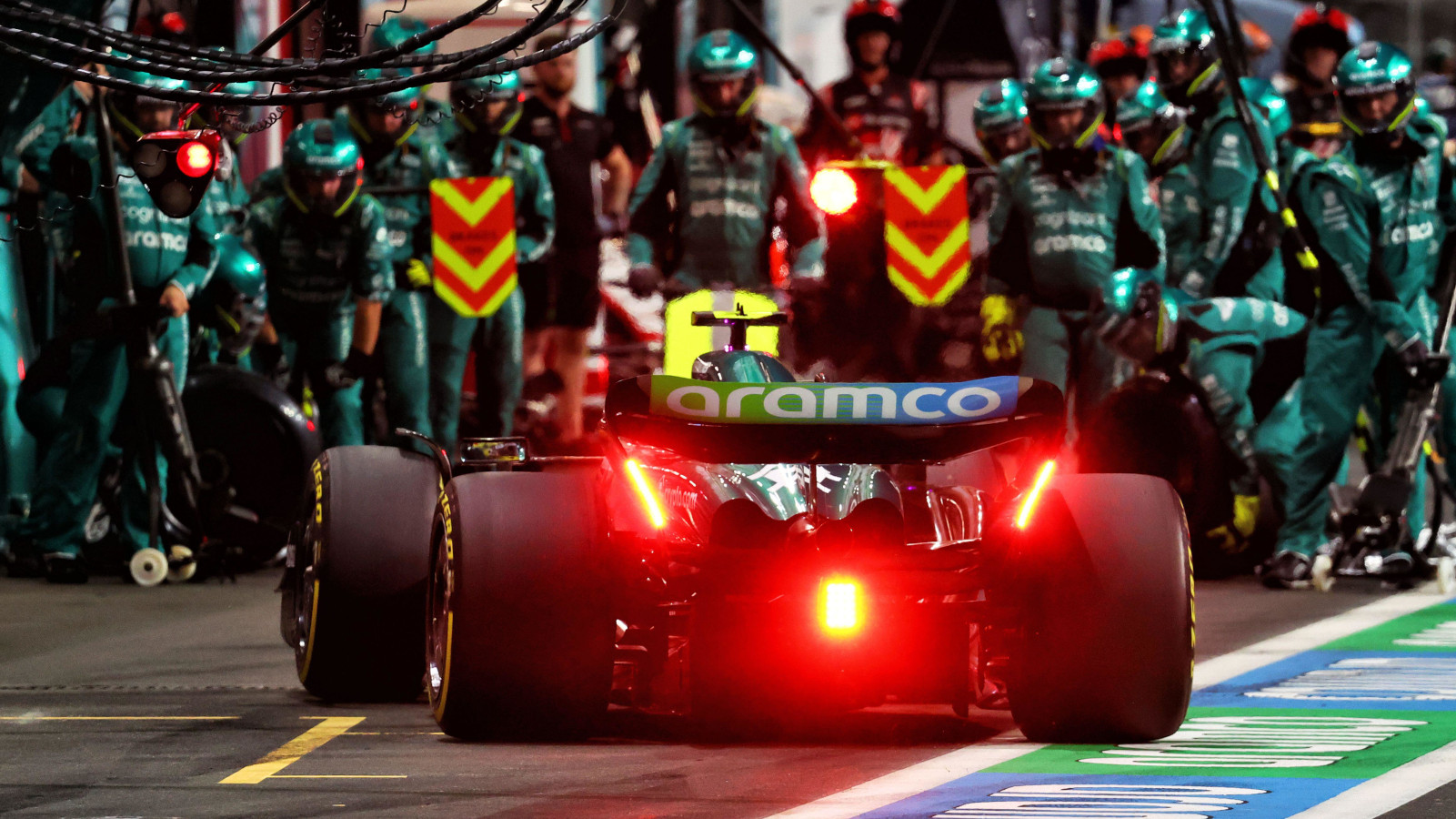 Fernando Alonso comes in for a pit stop. Saudi Arabia March 2023