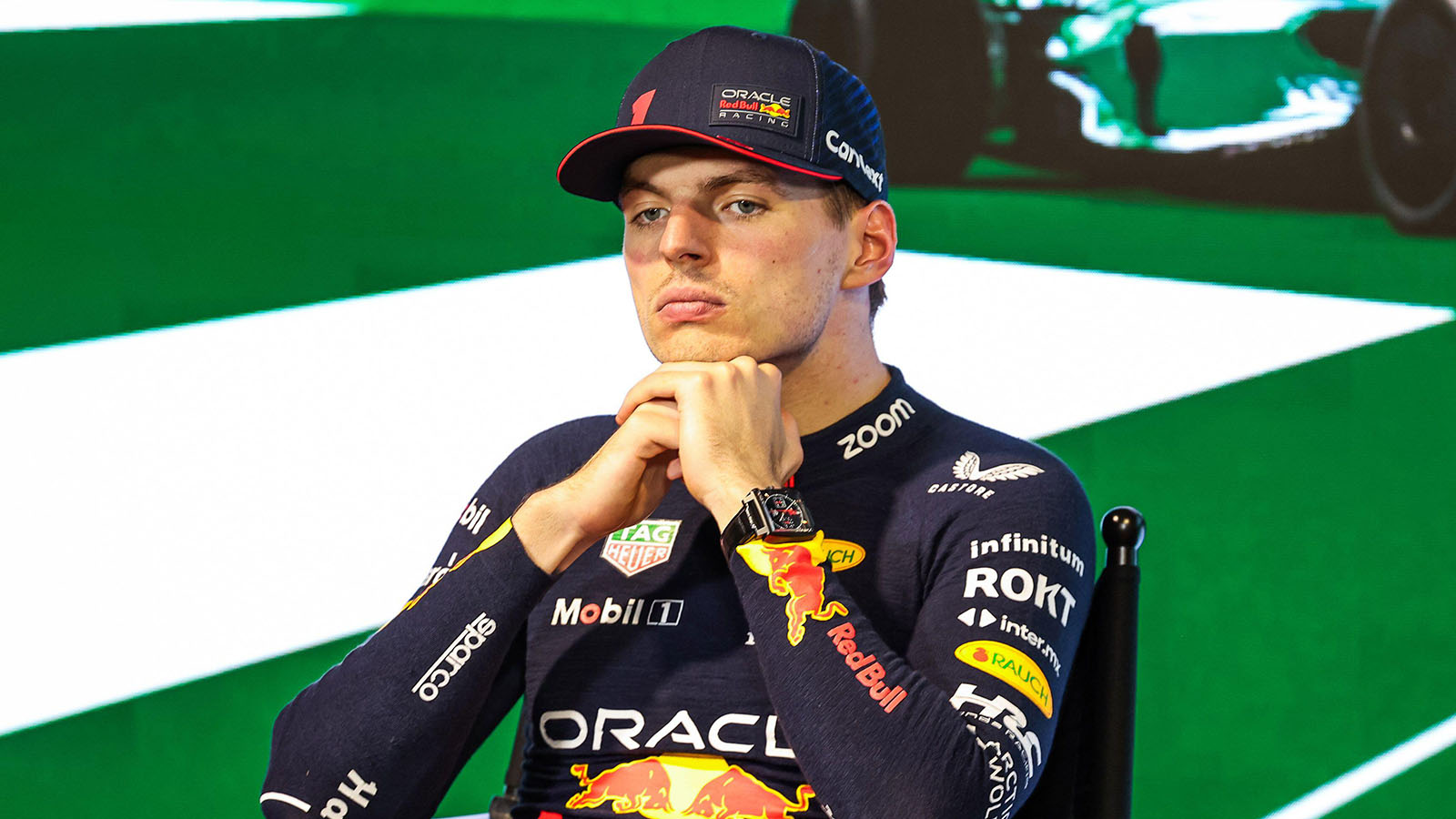 Max Verstappen looking glum, Saudi Arabia. March 2023