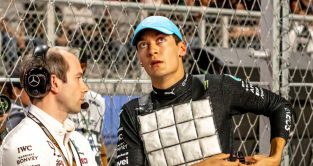 George Russell in an ice vest on the grid. Jeddah March 2023.