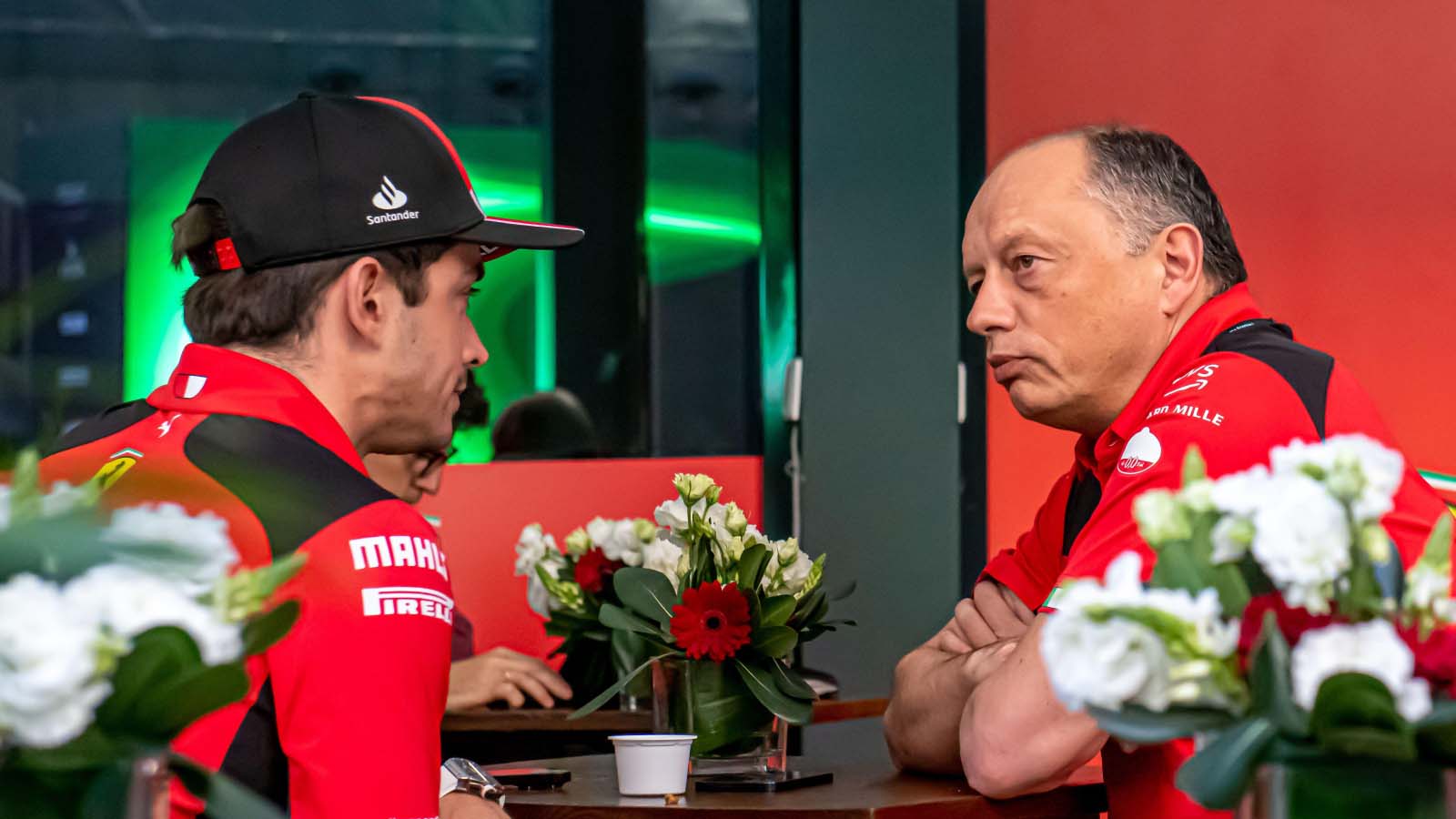 Ferrari driver Charles Leclerc with Fred Vasseur. Jeddah March 2023.